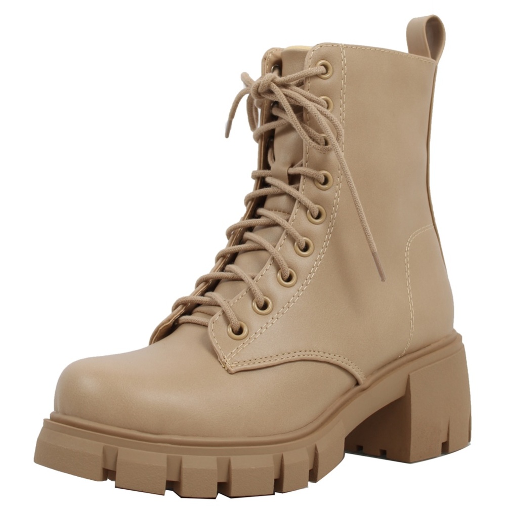 Blond Faux Leather Lace Up Combat Lug Sole Ankle Bootie